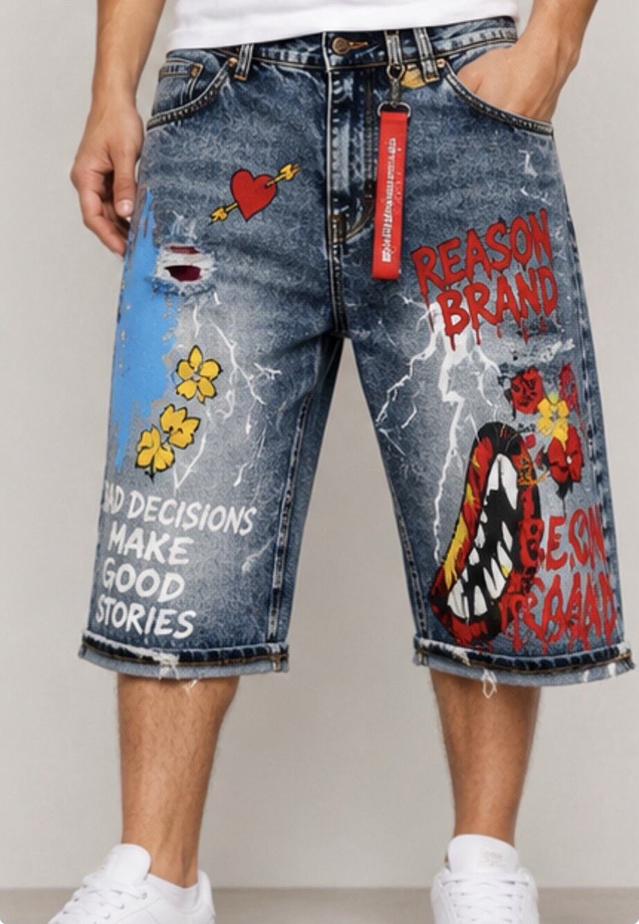 Reason Supply Co Denim Shorts Men’s 38 Graphic Painted Streetwear Distressed